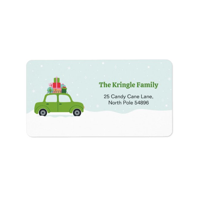 Etiqueta Cute Green Car with Christmas Gifts in Aqua Blue (Frente)