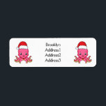 Etiqueta Cute happy octopus wearing Christmas hat cartoon<br><div class="desc">This cute happy octopus is ready for Christmas with his Santa hat! Drawn in fun cartoon style.</div>