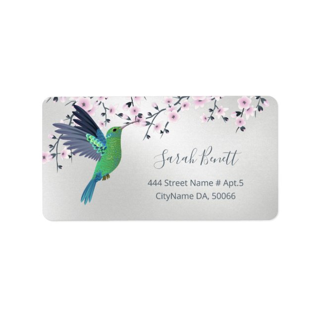 Etiqueta Cute Hummingbird Cherry Blossom Green Silver  (Frente)