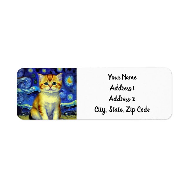 Etiqueta Cute Kitten Starry Night Van Gogh (Frente)