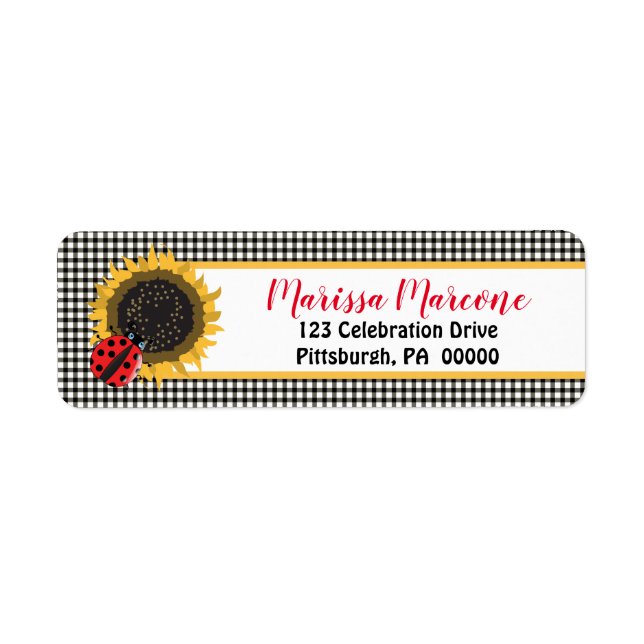 Etiqueta Cute Ladybugs y Sunflowers BW Gingham Checks (Frente)