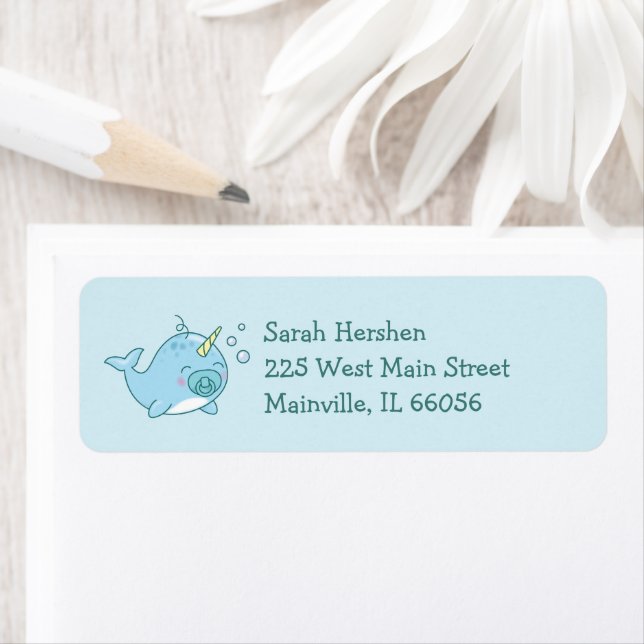 Etiqueta Cute Narwhal Baby Shower Kawaii Blue Boy (In situ)