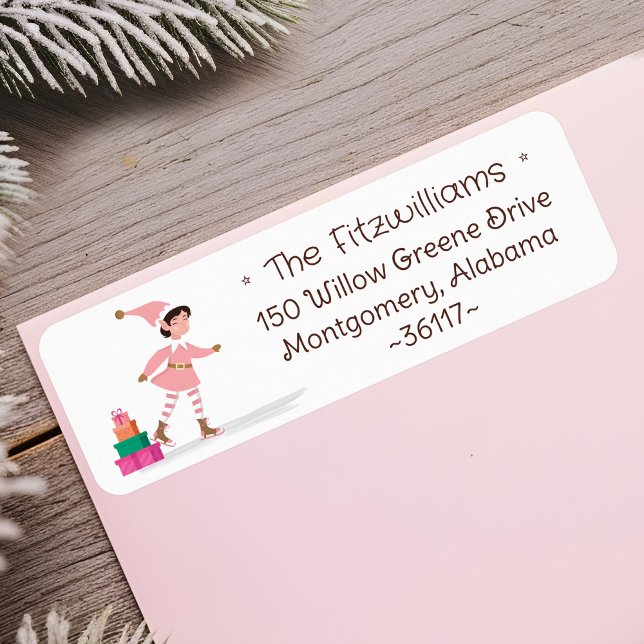 Etiqueta Cute Pink Christmas Elf Patinando  (Cute Pink Christmas Elf Ice Skating Label)