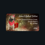 Etiqueta Cute Pug bulldog bandana red box festive custom<br><div class="desc">Cute bulldog, pug in dotted red bandana sitting in front of a red Christmas gift box, staring at the snowfall in the light, unique, custom winter theme return address label with a tranquil, serene, festive feeling. Get ready for your Season correspondence, personalize the texts easily for yourself or for a...</div>