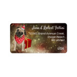 Etiqueta Cute Pug bulldog bandana red box festive custom<br><div class="desc">Cute bulldog, pug in dotted red bandana sitting in front of a red Christmas gift box, staring at the snowfall in the light, unique, custom winter theme return address label with a tranquil, serene, festive feeling. Get ready for your Season correspondence, personalize the texts easily for yourself or for a...</div>