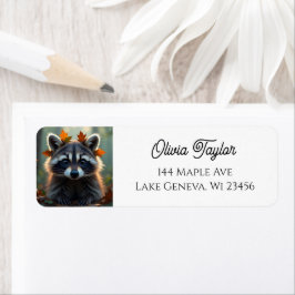 Etiqueta Cute Raccoon en hojas otoño