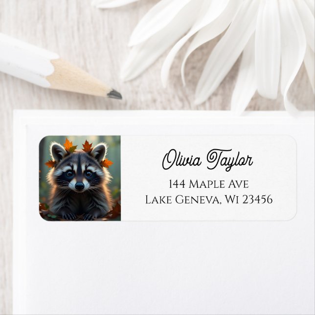 Etiqueta Cute Raccoon en hojas otoño (In situ)