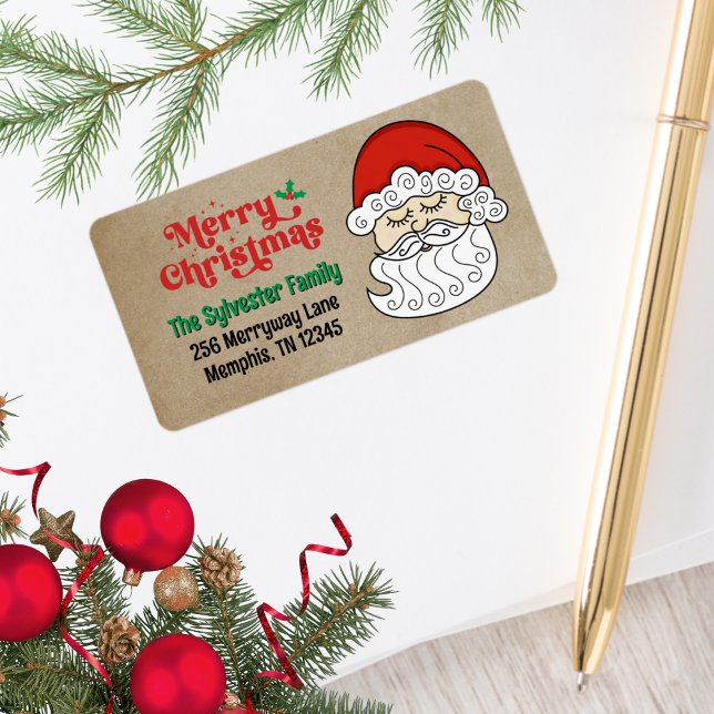 Etiqueta Cute Retro Santa Claus Feliz Navidad (Retro Santa Merry Christmas Address Labels)