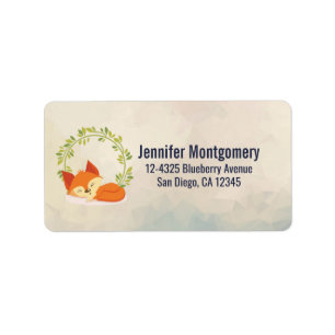 Etiqueta Cute Sleeping Orange Fox with Green Leaves Wreath