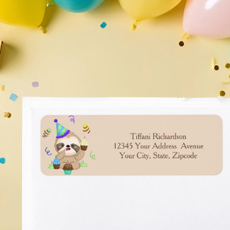 Etiqueta Cute Sloth Cupcake Birthday Party Return Address