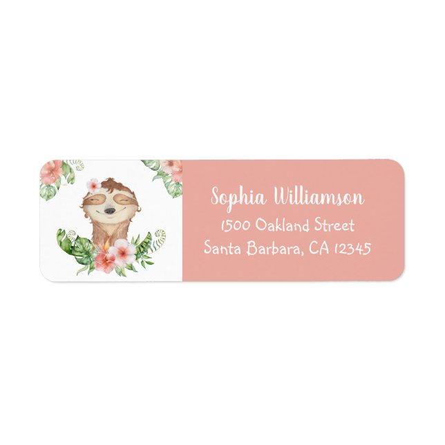 Etiqueta Cute Sloth Floral Cumpleaños Rubor Pink (Frente)