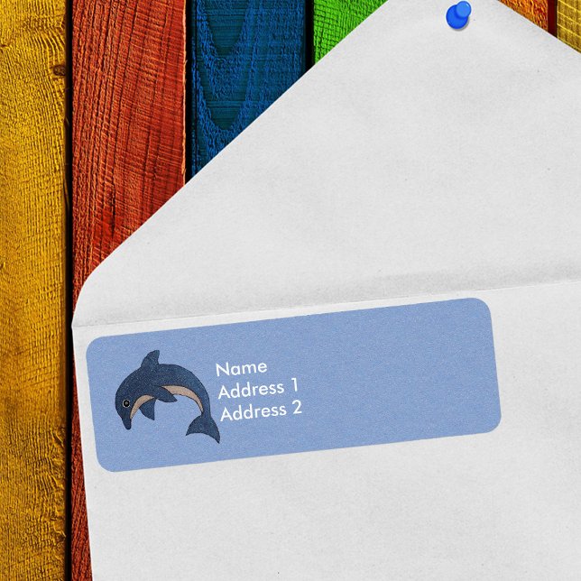 Etiqueta Cute Sparkling Look Personalizado Delfín blanco az (Jumping sparkle like blue dolphin on blue return address labels.)