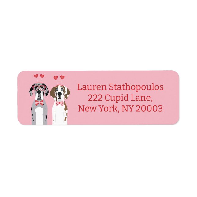 Etiqueta Cute Valentine Great Dane Dogs Rojo Rosa (Frente)