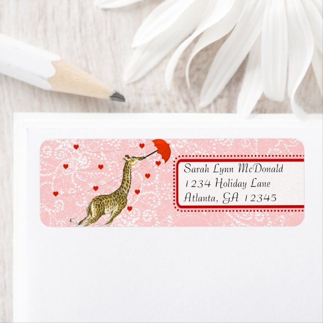 Etiqueta Cute Whimsical Giraffe Red Pink Dots & Hearts (In situ)