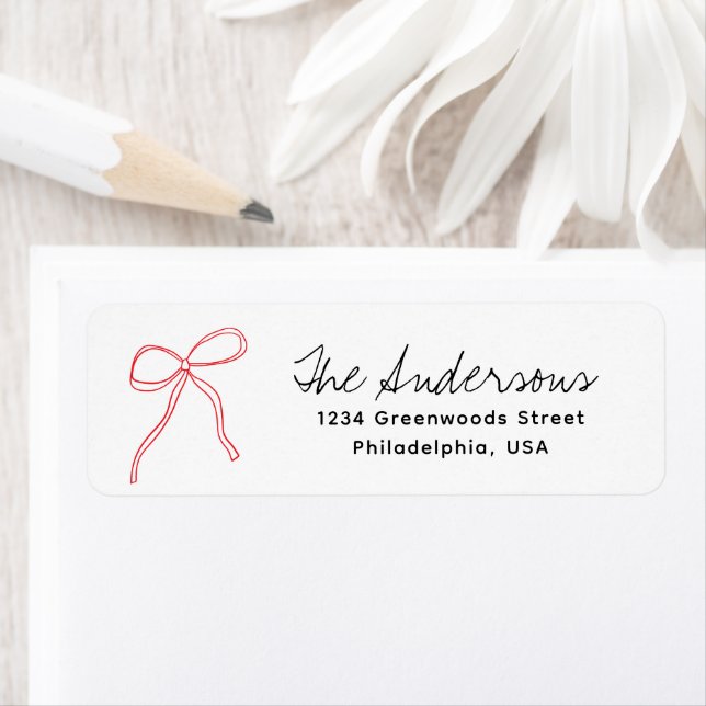 Etiqueta Cute Whimsical Hand Drawn Red Ribbon Bow  (In situ)