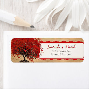 Etiqueta Cute Whimsical Heart Leafed Tree Red Pink Dots