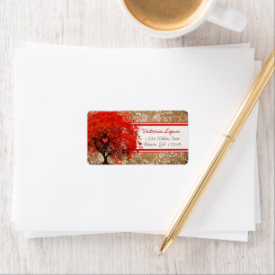 Etiqueta Cute Whimsical Heart Leafed Tree Red Pink Dots