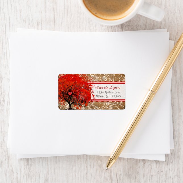 Etiqueta Cute Whimsical Heart Leafed Tree Red Pink Dots (In situ)