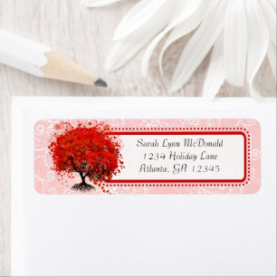 Etiqueta Cute Whimsical Swirl Heart Tree Red Pink Dots