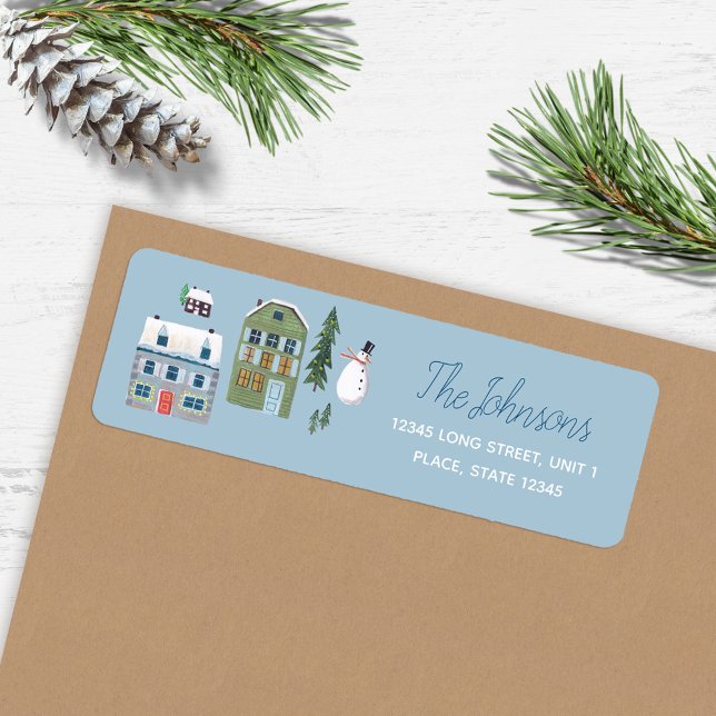Etiqueta Cute Winhouse Village Navidades Dirección (Cute Winter House Village Christmas Address Label)
