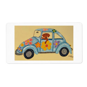 Etiqueta Dachshund en coche hippie