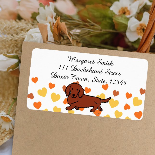 Etiqueta Dachshund pelirrojo de pelo largo 1 (Red Long Haired Dachshund Return Address Label featuring Dachshund Walking.  Cute Cartoon Design.)