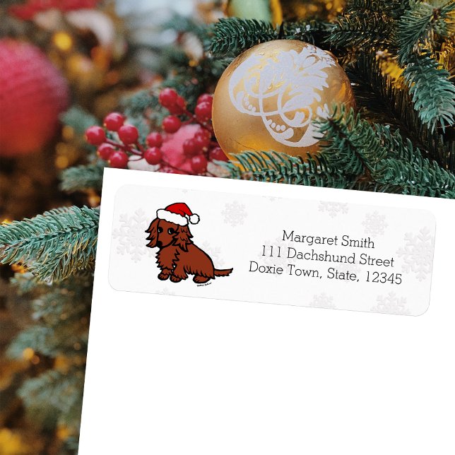 Etiqueta Dachshund pelirrojo de pelo largo Navideño Lindo (Red Long Haired Dachshund Santa Design Christmas Return Address Labels for Dachshund Owners.)