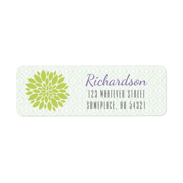 Etiqueta Dahlia Flower Lime Green Ikat Background Moderno (Frente)