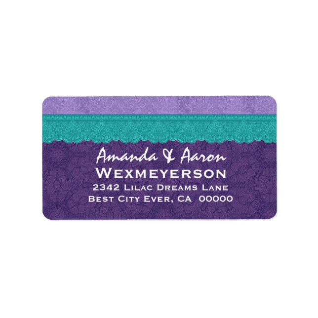 Etiqueta Damasco morado y Boda de encaje Verde azulado (Frente)