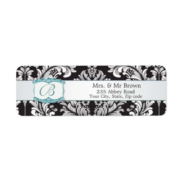 Etiqueta Damask blanco negro Monograma B Boda Avery (Frente)