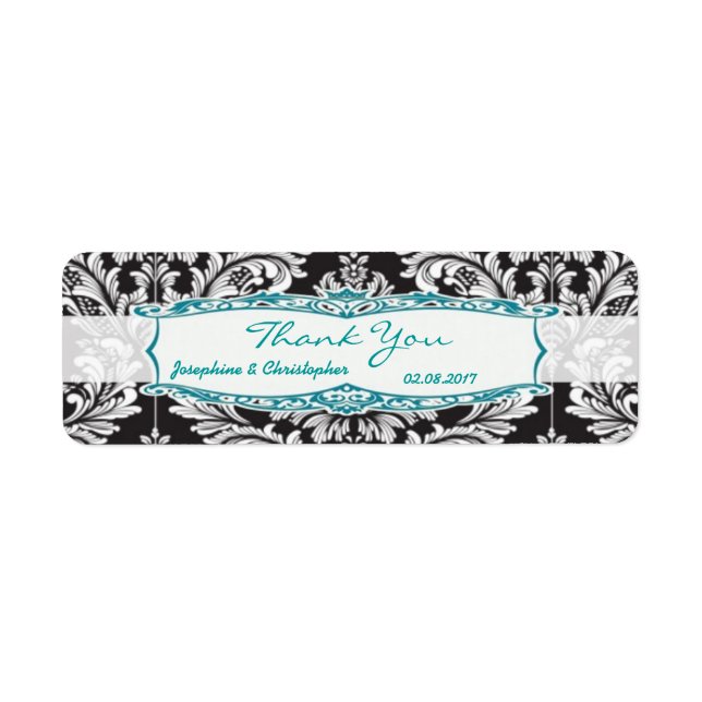 Etiqueta Damask Boda blanco y negro Gracias Lab (Frente)