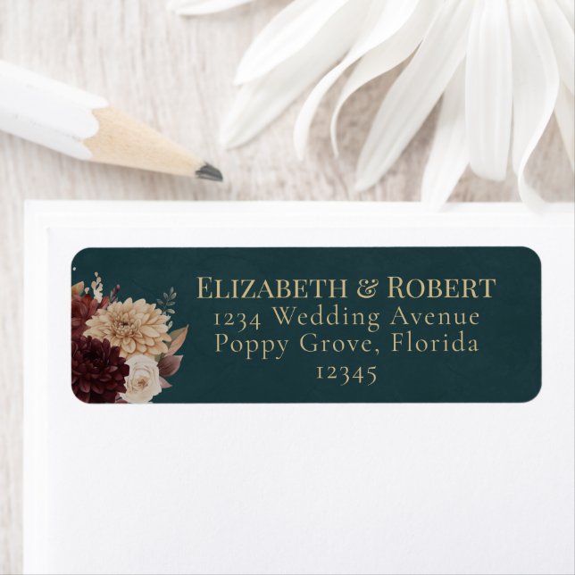 Etiqueta Dark Teal Floral Gothic Wedding Address Label (In situ)