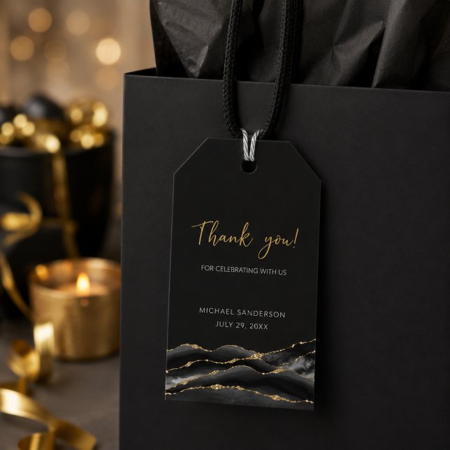 Etiqueta de agradecimiento Black Gold Agate (Luxury black and gold agate thank you favor tag displayed on an elegant gift bag)