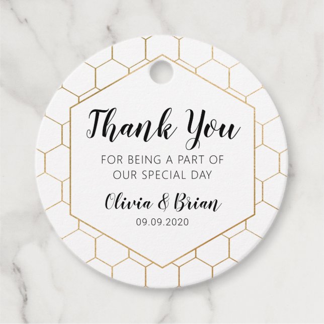 Etiqueta de agradecimiento de boda con panal de or (Anverso)