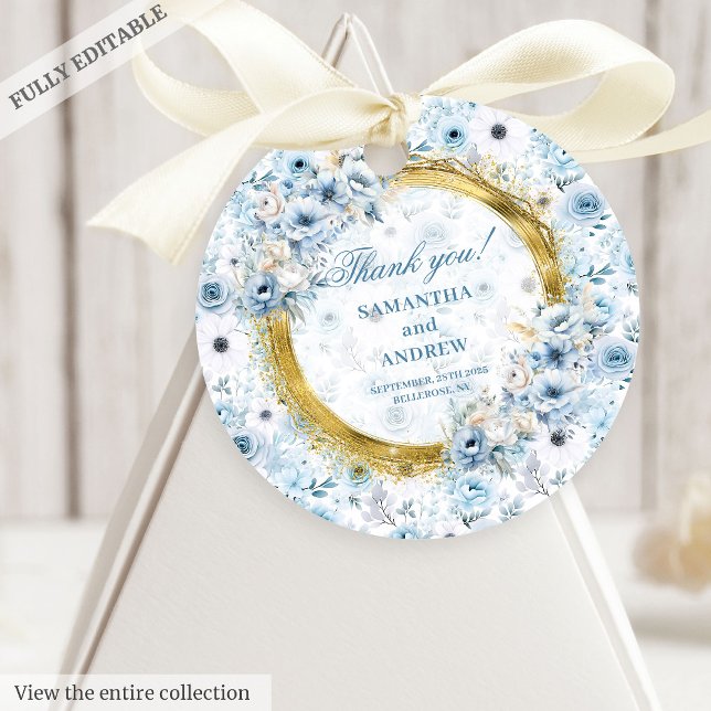 Etiqueta de agradecimiento de boda Glam Boho azul  (Glam Boho Dusty Blue Gold Wedding Thank You Tag)