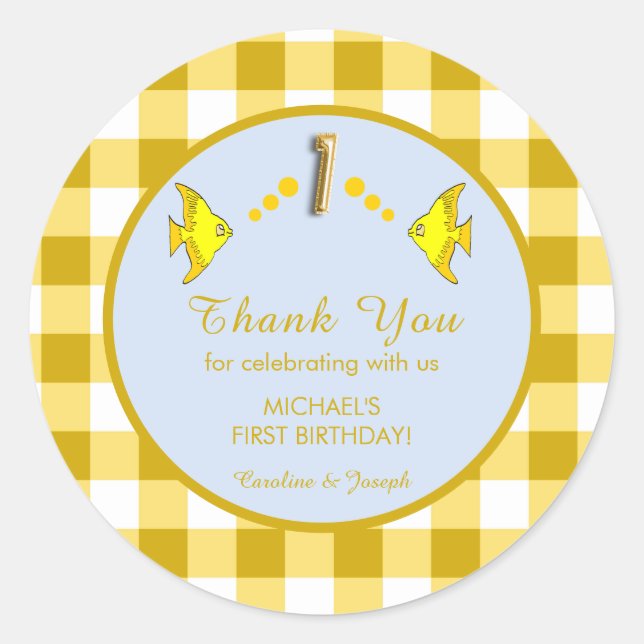 Etiqueta de agradecimiento de gingham amarillo par (Anverso)