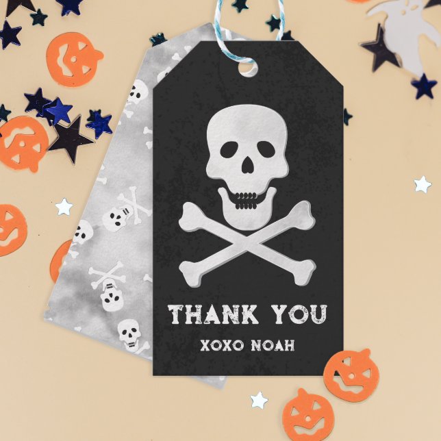 Etiqueta de agradecimiento de Halloween de Calaver (cute skull and bones thank you gift tag)