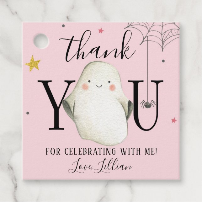 Etiqueta de agradecimiento de Halloween rosa (Anverso)