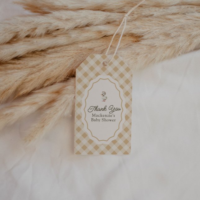 Etiqueta de agradecimiento para baby shower de Gin (Gingham Goose Baby Shower thank you favor tag)