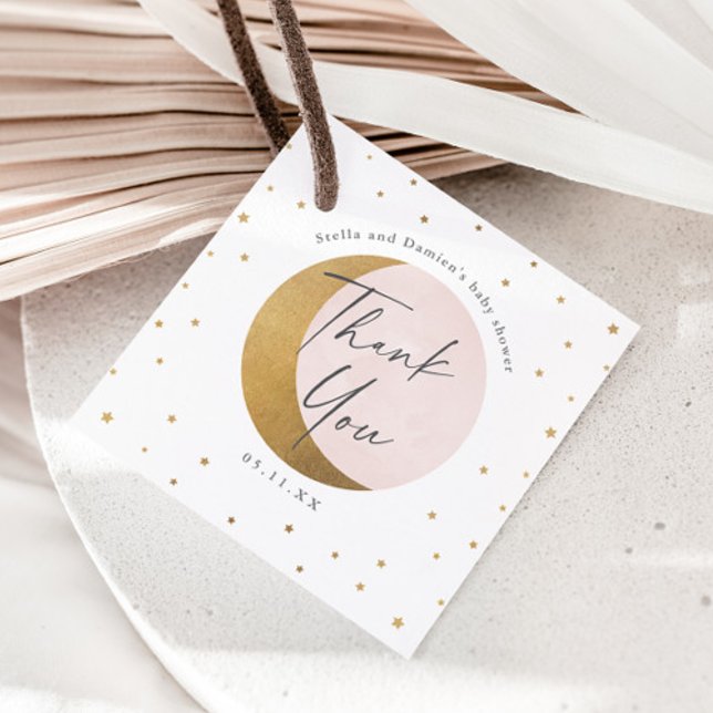 etiqueta de agradecimiento para baby shower de lun (Gold Moon and Stars Elegant Script Pink Girls Baby Shower Thank You Favor Tag.)
