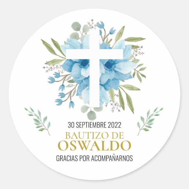 Etiqueta de agradecimiento para bautizo azul (Anverso)