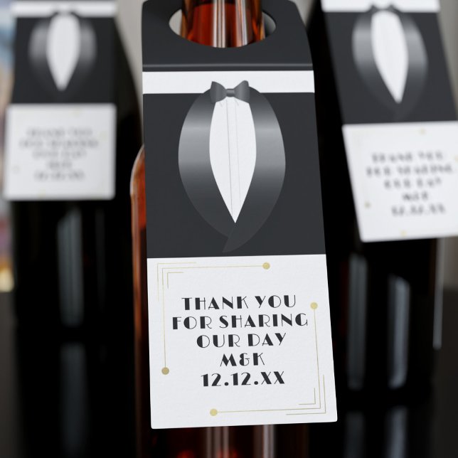 Etiqueta de agradecimiento para botella de esmoqui (1920s tuxedo bottle tag with space for a short thank you message. Perfect for a 1920s wedding theme)