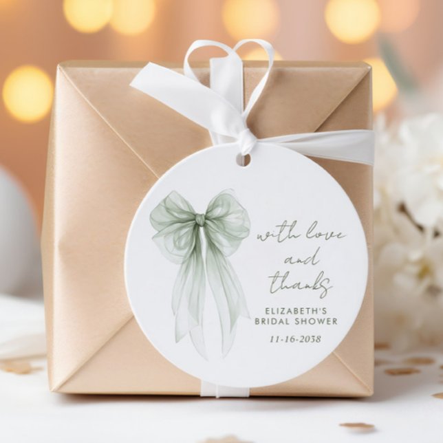 Etiqueta de agradecimiento para despedida de solte (Sage Green Bow Watercolor Bridal Shower Thank You Favor Tags)