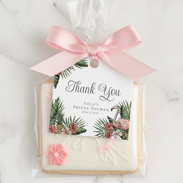 Etiqueta de agradecimiento para ducha de flamenco  (Tropical Floral Pink Flamingo Bridal Shower Thank You Favor Tags. Elegant Hibiscus, Leaves & Foliage)