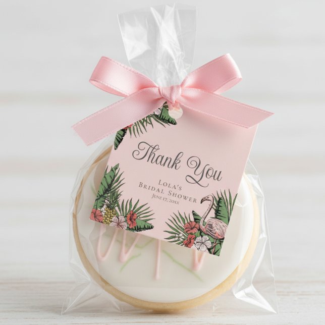 Etiqueta de agradecimiento para ducha de flamenco  (Tropical Floral Pink Flamingo Bridal Shower Thank You Favor Tags. Elegant Hibiscus, Leaves & Foliage)