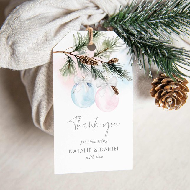 Etiqueta de agradecimiento para revelación de géne (Elegant Pink and Blue Winter Baby Shower Tags)
