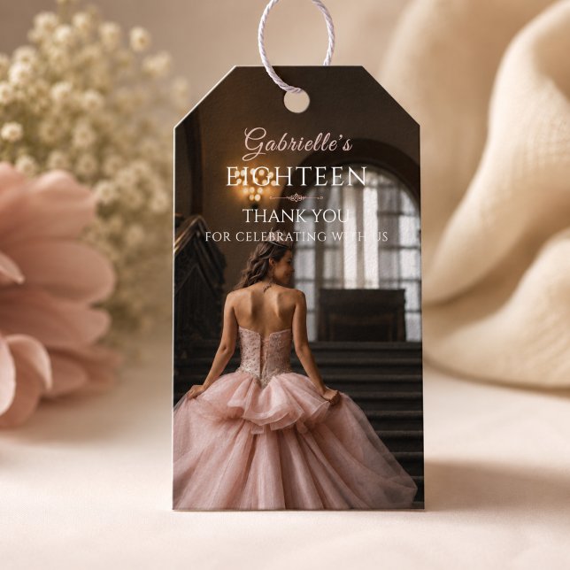 Etiqueta de agradecimiento Princesa Rosa Claro Die (Elegant blush pink Sweet 18 thank you tag for favors, gifts, and memorable celebrations.)