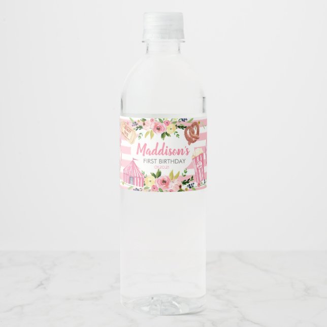 Etiqueta de agua de cumpleaños del carnaval rosa (Anverso)
