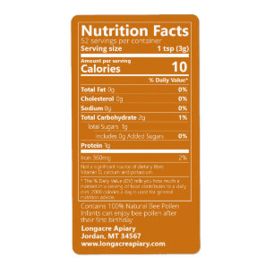 Etiqueta de ámbar de datos de nutrición de polen