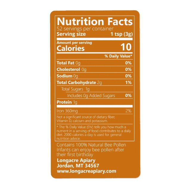 Etiqueta de ámbar de datos de nutrición de polen d (Frente)